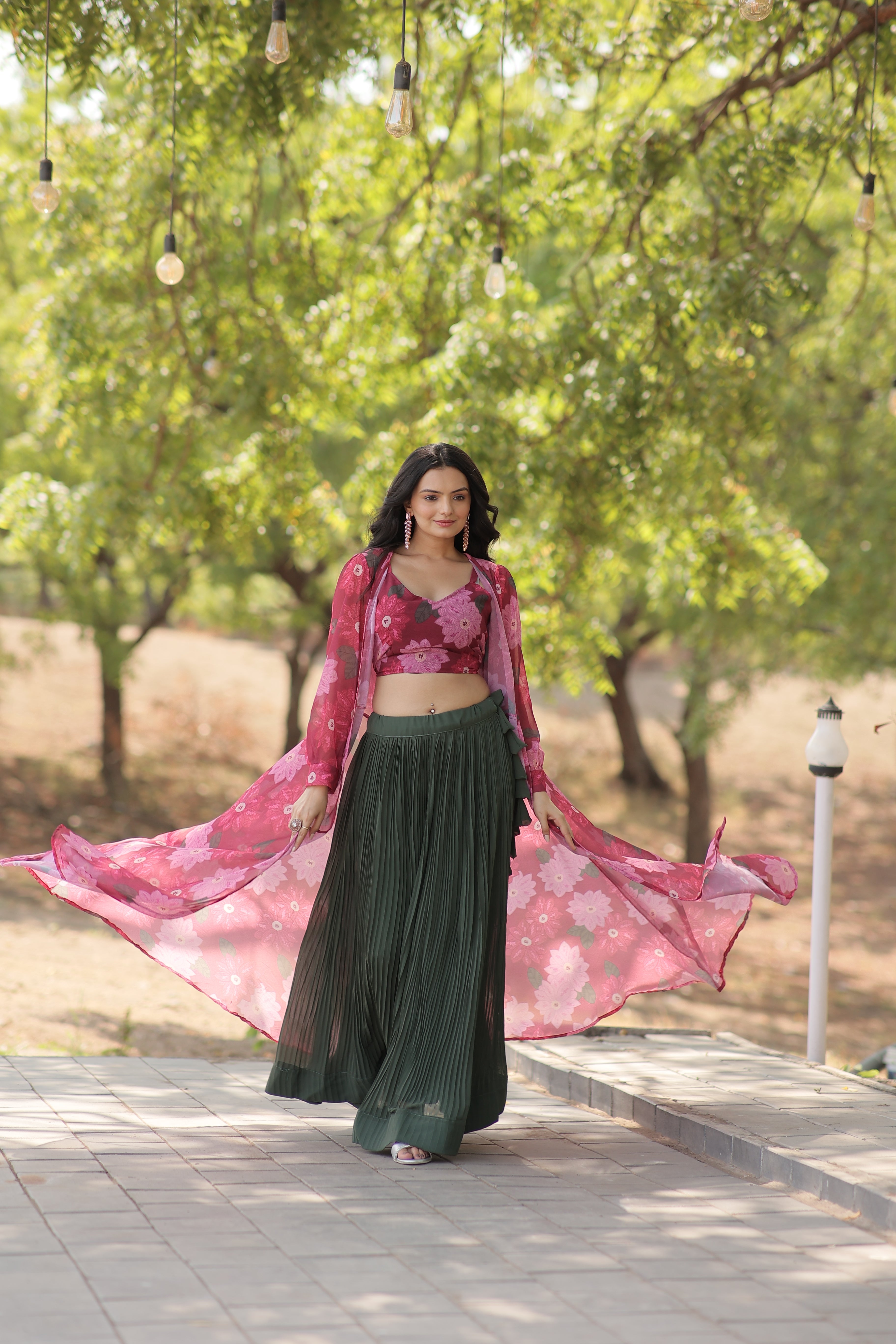 Elegant Faux Georgette Lehenga Set with Digital Floral Print & Matching Shrug | Full-Stitched Ensemble