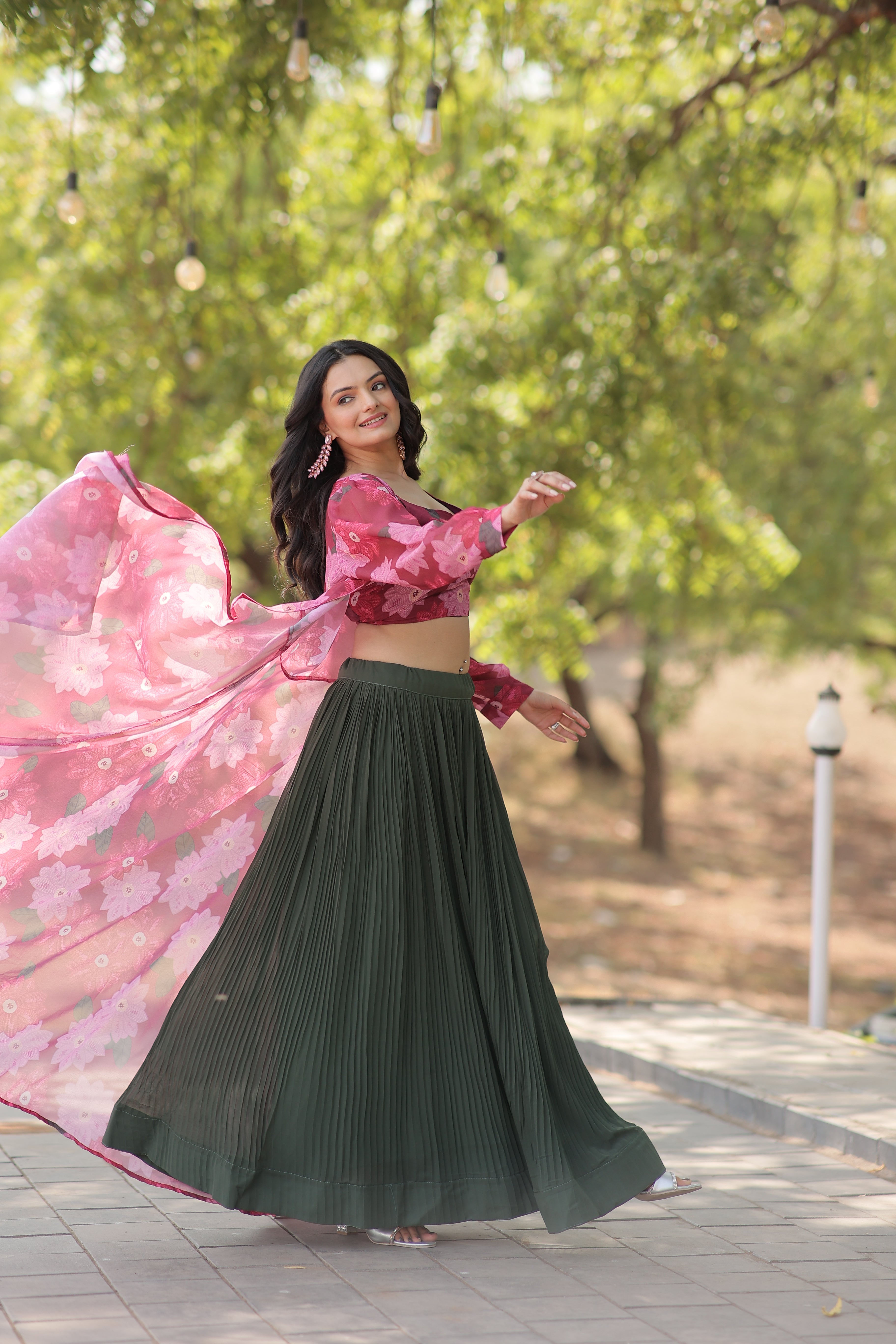 Elegant Faux Georgette Lehenga Set with Digital Floral Print & Matching Shrug | Full-Stitched Ensemble