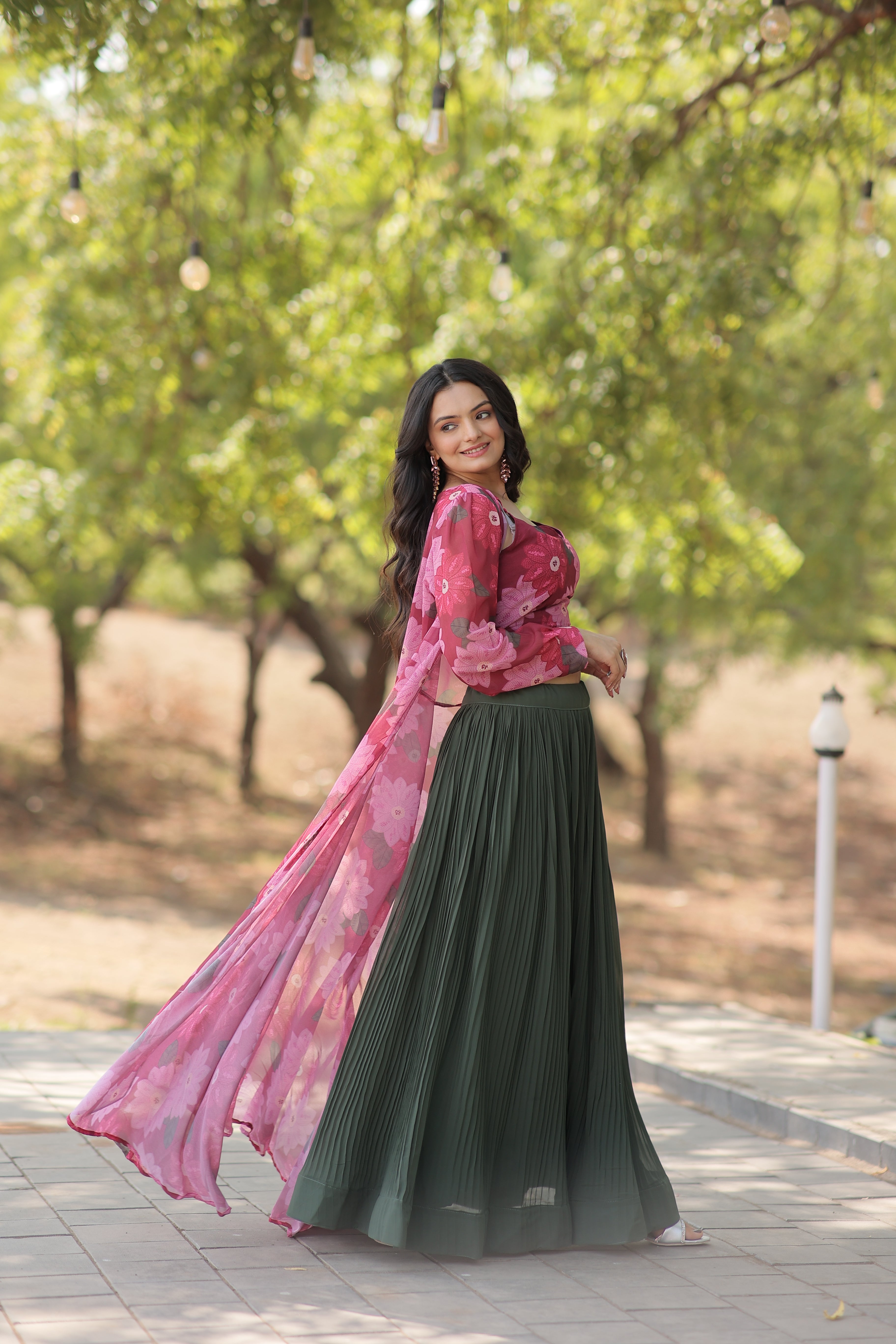 Elegant Faux Georgette Lehenga Set with Digital Floral Print & Matching Shrug | Full-Stitched Ensemble