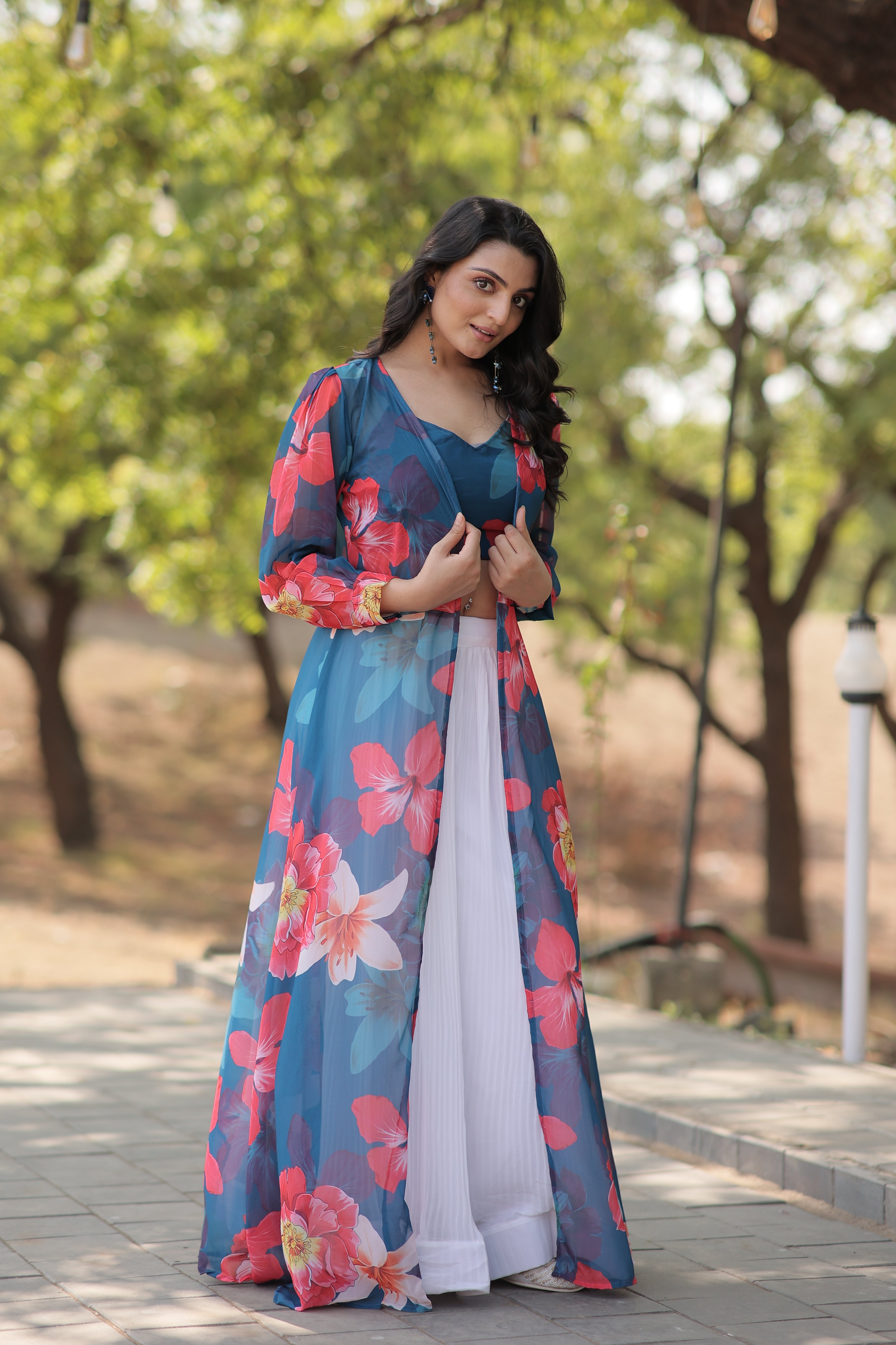 Elegant Faux Georgette Lehenga Set with Digital Floral Print & Matching Shrug | Full-Stitched Ensemble