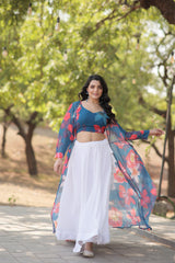 Elegant Faux Georgette Lehenga Set with Digital Floral Print & Matching Shrug | Full-Stitched Ensemble
