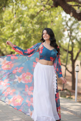 Elegant Faux Georgette Lehenga Set with Digital Floral Print & Matching Shrug | Full-Stitched Ensemble