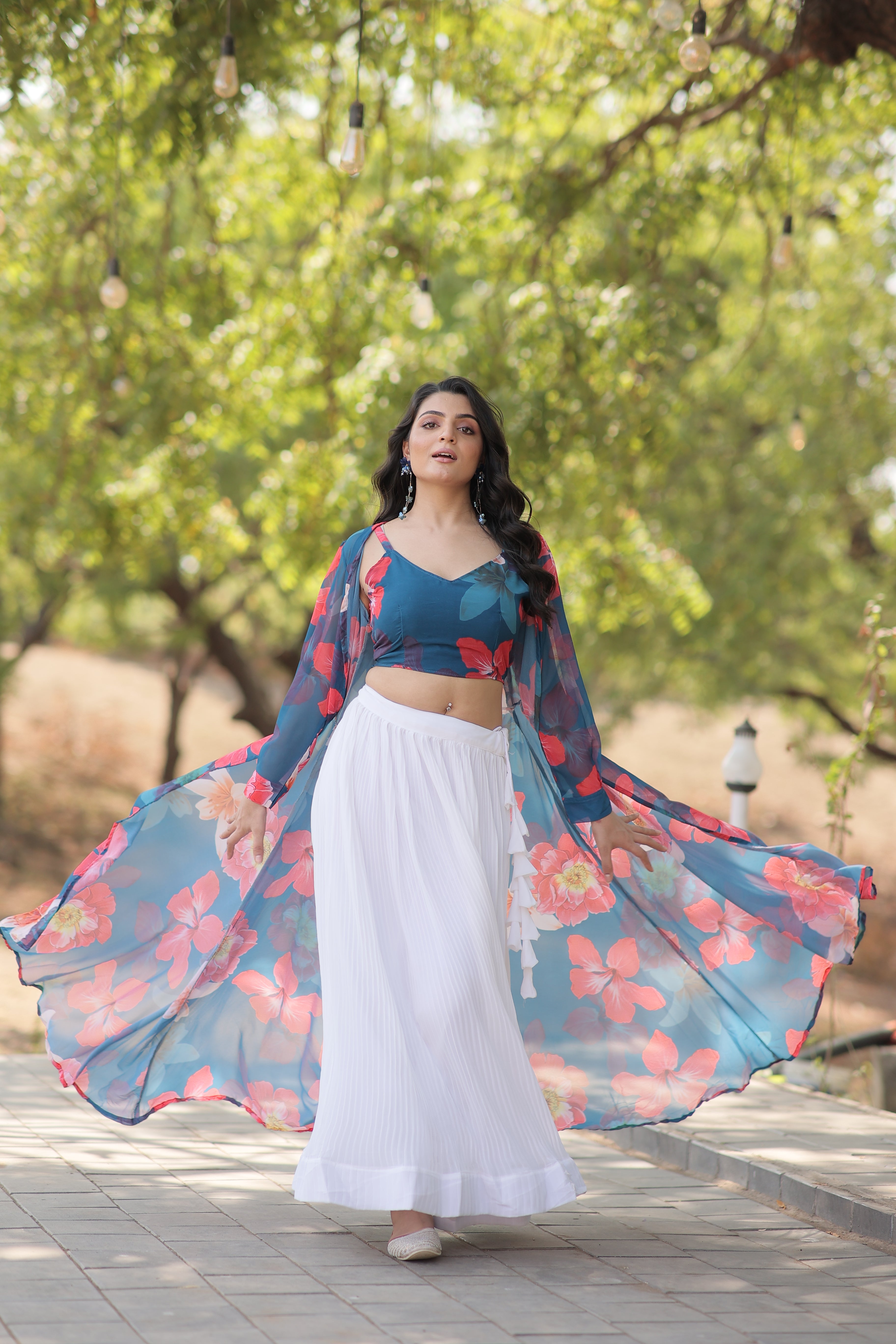 Elegant Faux Georgette Lehenga Set with Digital Floral Print & Matching Shrug | Full-Stitched Ensemble
