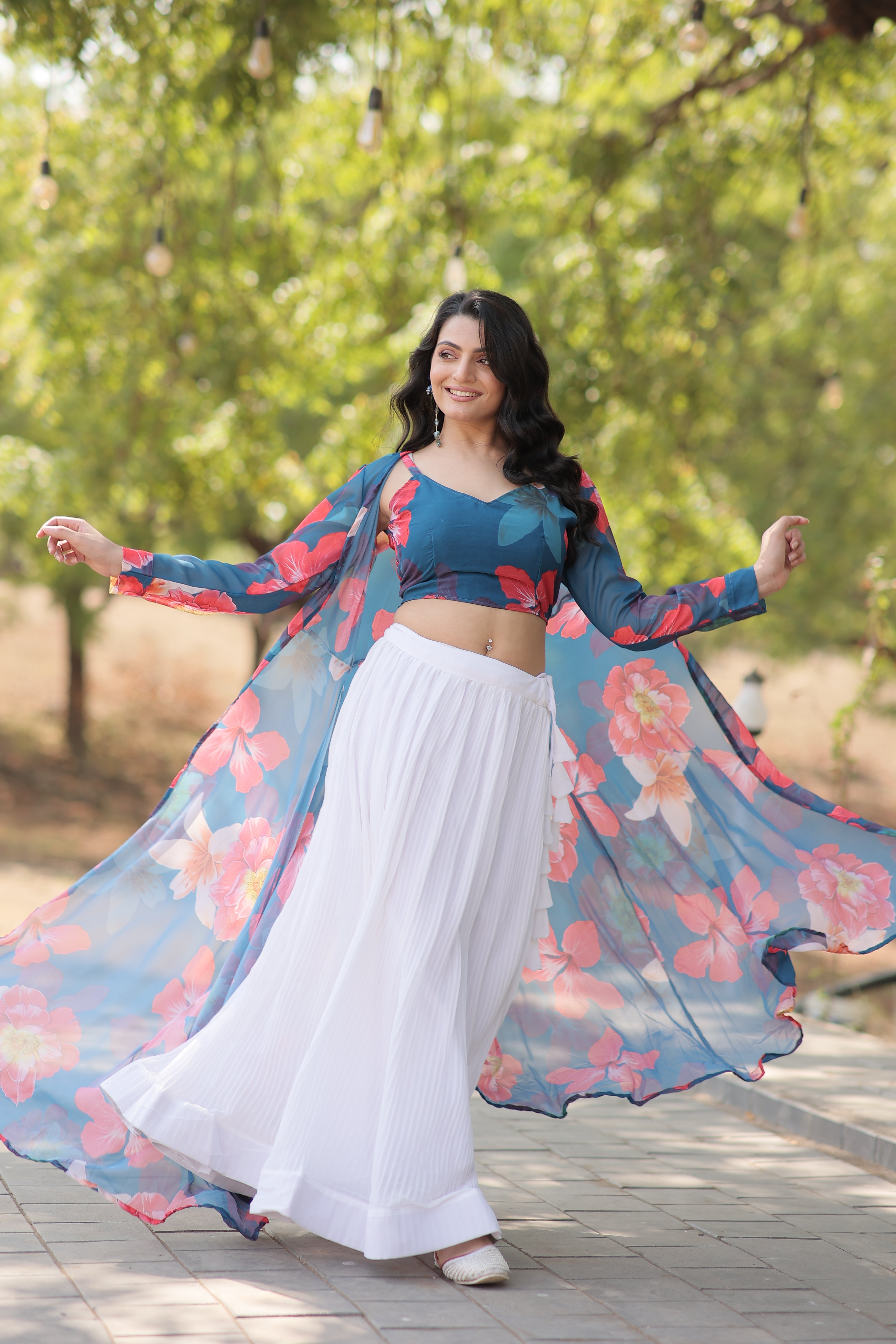 Elegant Faux Georgette Lehenga Set with Digital Floral Print & Matching Shrug | Full-Stitched Ensemble