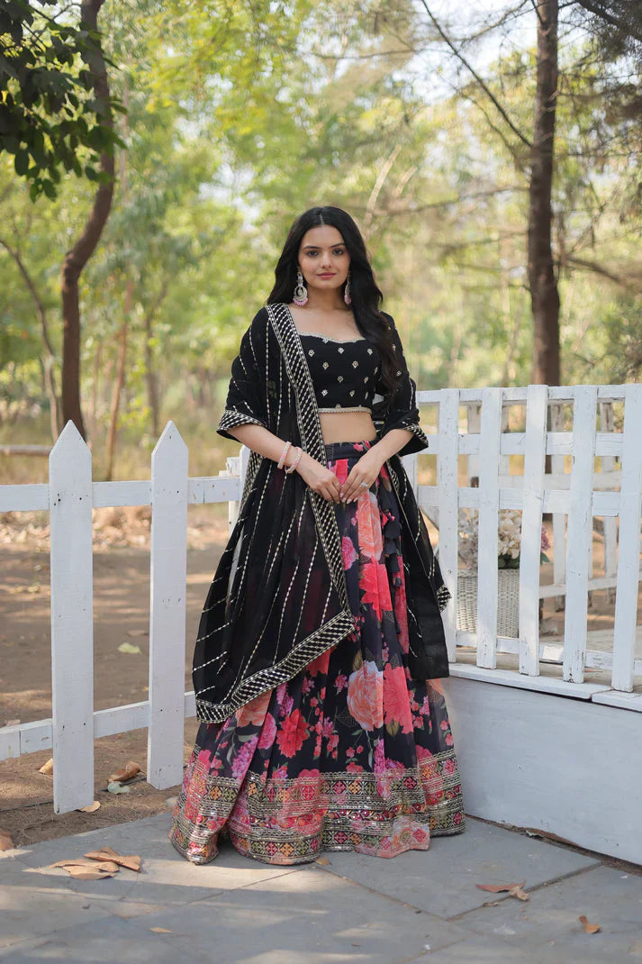 Elegant Digital Printed Faux Georgette Lehenga with Heavy Sequins & Thread Embroidery