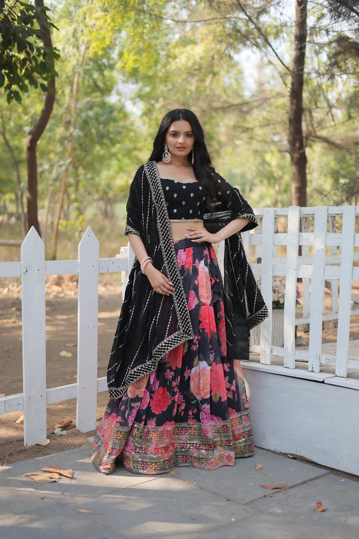 Elegant Digital Printed Faux Georgette Lehenga with Heavy Sequins & Thread Embroidery