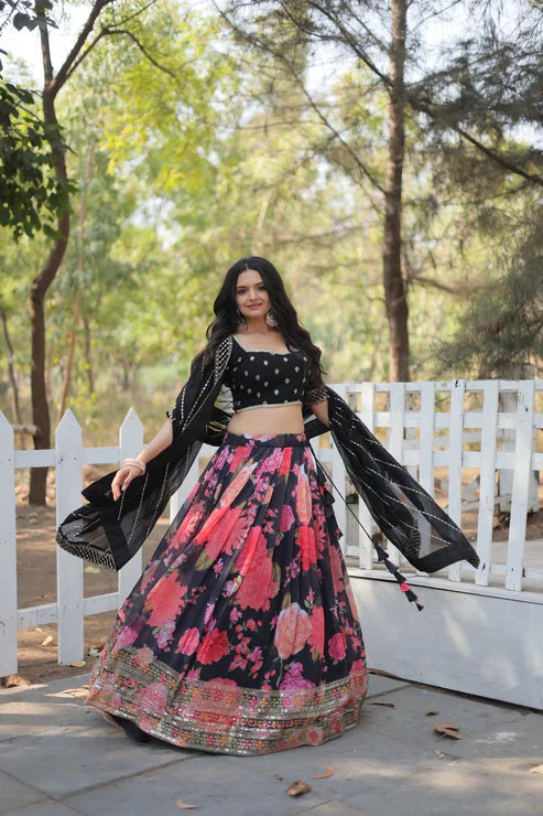 Elegant Digital Printed Faux Georgette Lehenga with Heavy Sequins & Thread Embroidery