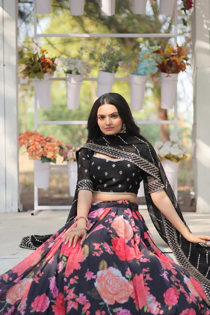 Elegant Digital Printed Faux Georgette Lehenga with Heavy Sequins & Thread Embroidery