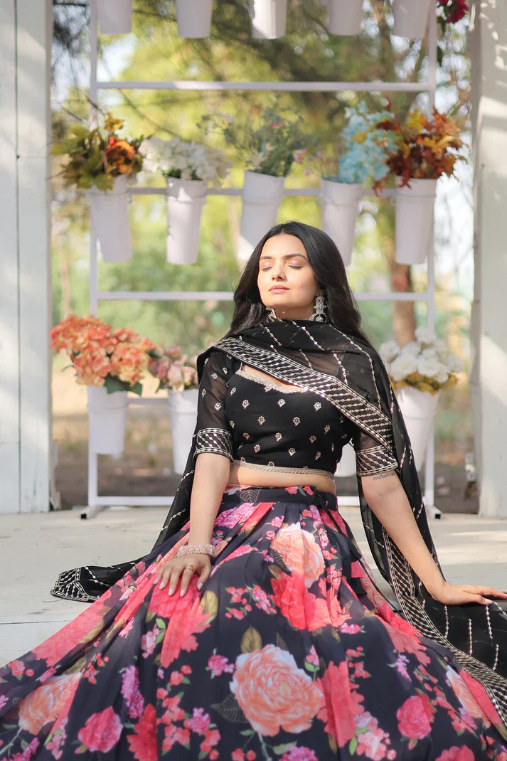 Elegant Digital Printed Faux Georgette Lehenga with Heavy Sequins & Thread Embroidery
