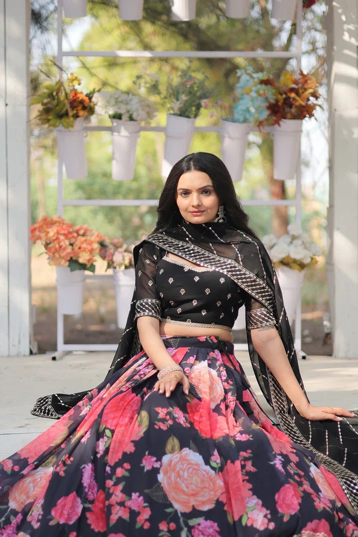 Elegant Digital Printed Faux Georgette Lehenga with Heavy Sequins & Thread Embroidery