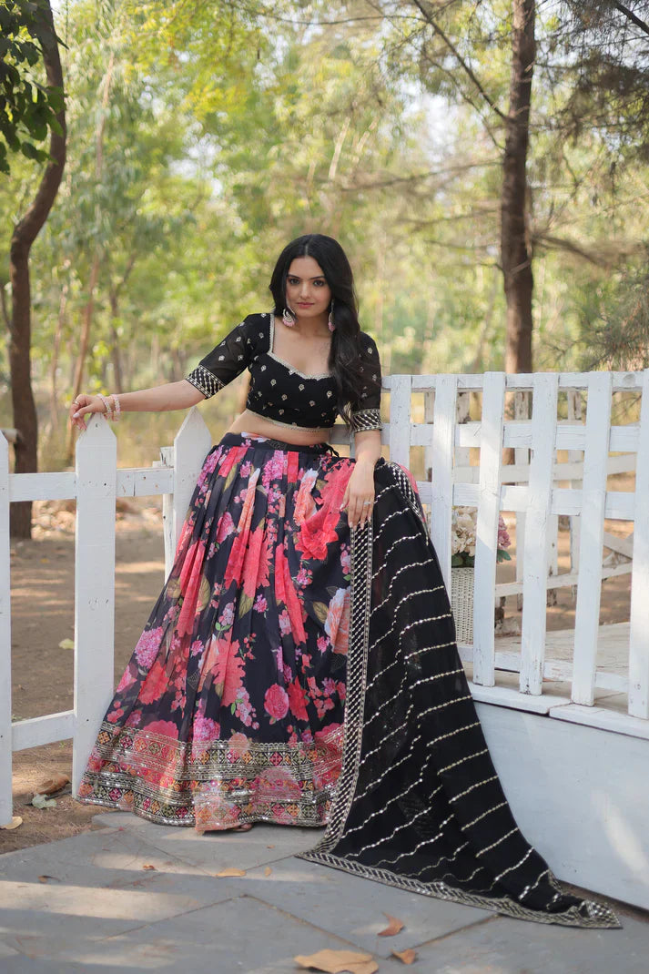 Elegant Digital Printed Faux Georgette Lehenga with Heavy Sequins & Thread Embroidery