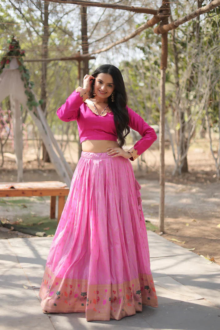 Pure Dyable Viscose Jacquard Lehenga with Kalamkari Jari Border and Phantom Blouse – Full-Stitched Set