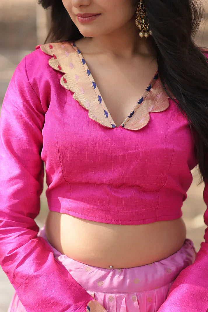 Pure Dyable Viscose Jacquard Lehenga with Kalamkari Jari Border and Phantom Blouse – Full-Stitched Set