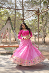 Pure Dyable Viscose Jacquard Lehenga with Kalamkari Jari Border and Phantom Blouse – Full-Stitched Set