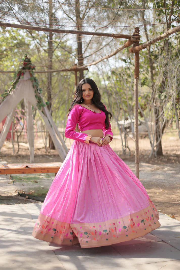 Pure Dyable Viscose Jacquard Lehenga with Kalamkari Jari Border and Phantom Blouse – Full-Stitched Set