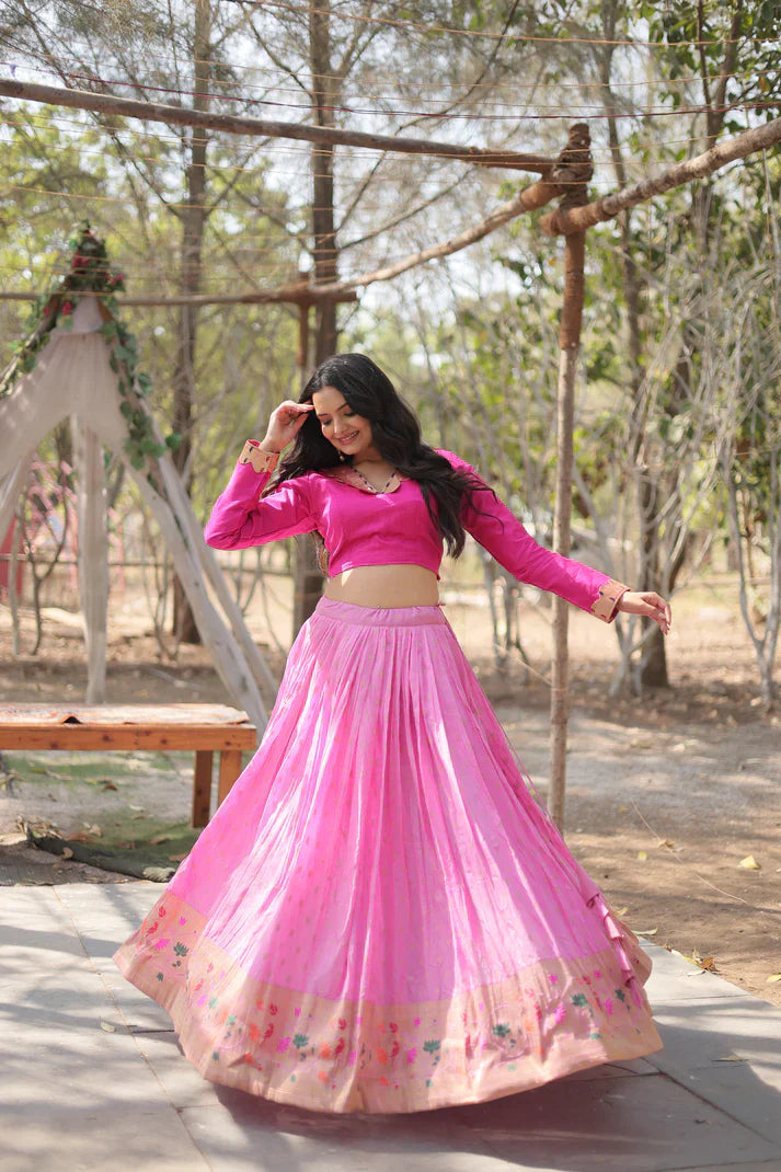 Pure Dyable Viscose Jacquard Lehenga with Kalamkari Jari Border and Phantom Blouse – Full-Stitched Set