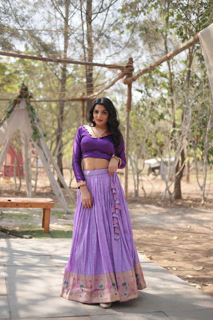 Elegant Full-Stitched Pure Dyable Viscose Jacquard Lehenga with Kalamkari Jari Border & Phantom Blouse