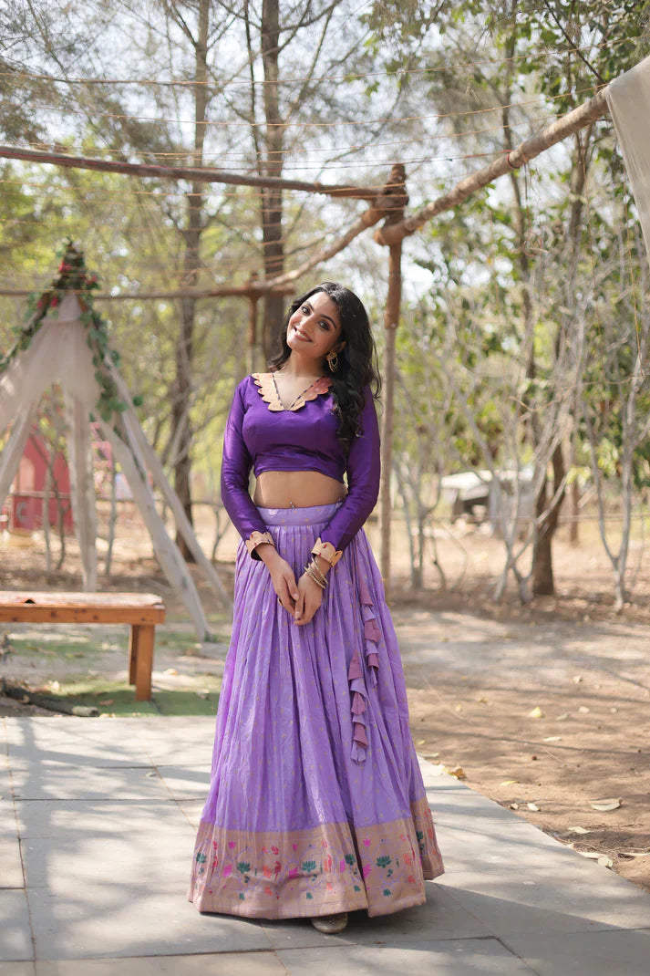 Elegant Full-Stitched Pure Dyable Viscose Jacquard Lehenga with Kalamkari Jari Border & Phantom Blouse