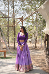 Elegant Full-Stitched Pure Dyable Viscose Jacquard Lehenga with Kalamkari Jari Border & Phantom Blouse