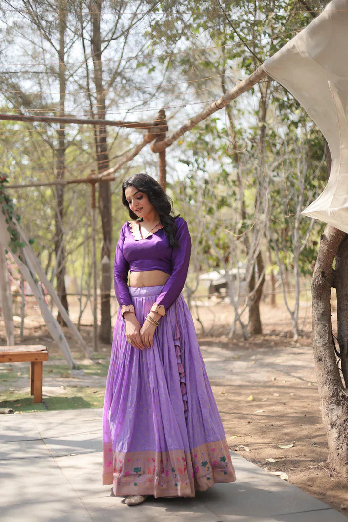 Elegant Full-Stitched Pure Dyable Viscose Jacquard Lehenga with Kalamkari Jari Border & Phantom Blouse