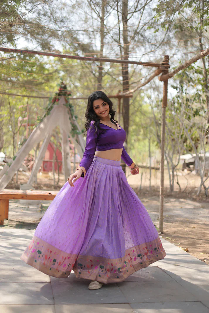 Elegant Full-Stitched Pure Dyable Viscose Jacquard Lehenga with Kalamkari Jari Border & Phantom Blouse