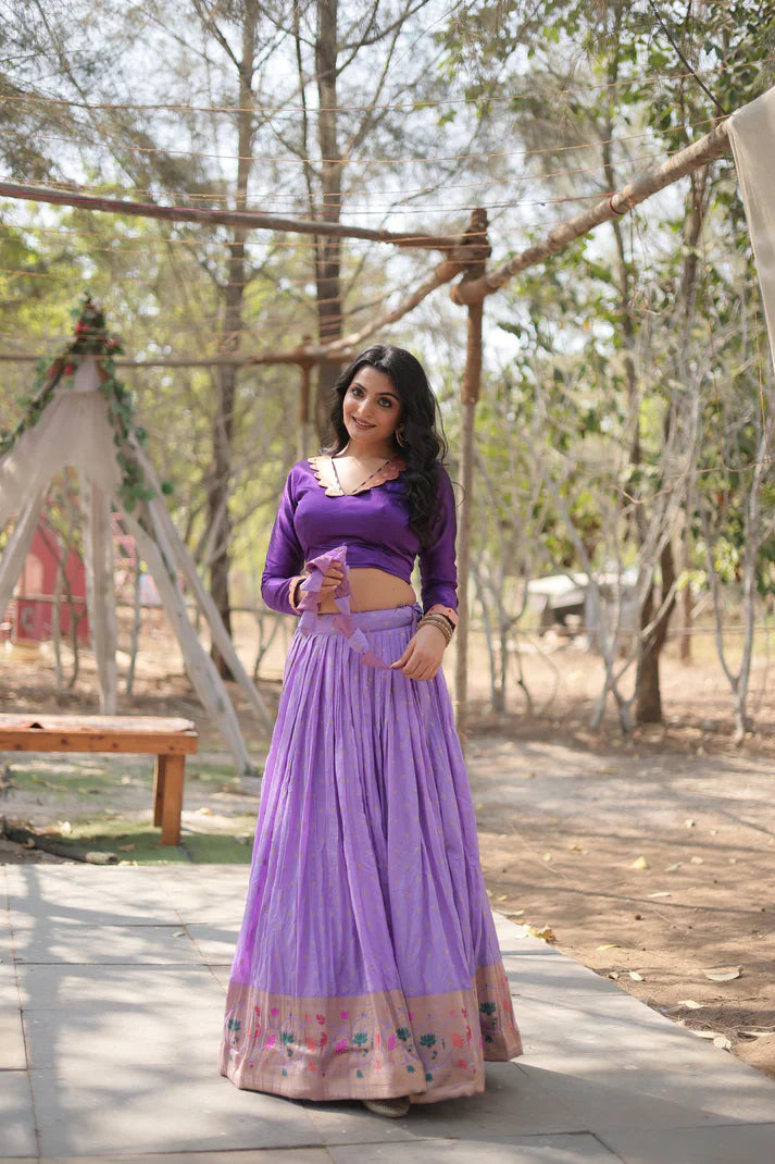 Elegant Full-Stitched Pure Dyable Viscose Jacquard Lehenga with Kalamkari Jari Border & Phantom Blouse