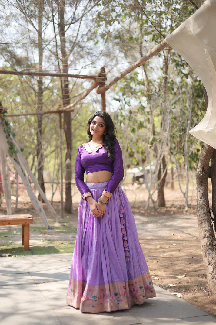 Elegant Full-Stitched Pure Dyable Viscose Jacquard Lehenga with Kalamkari Jari Border & Phantom Blouse