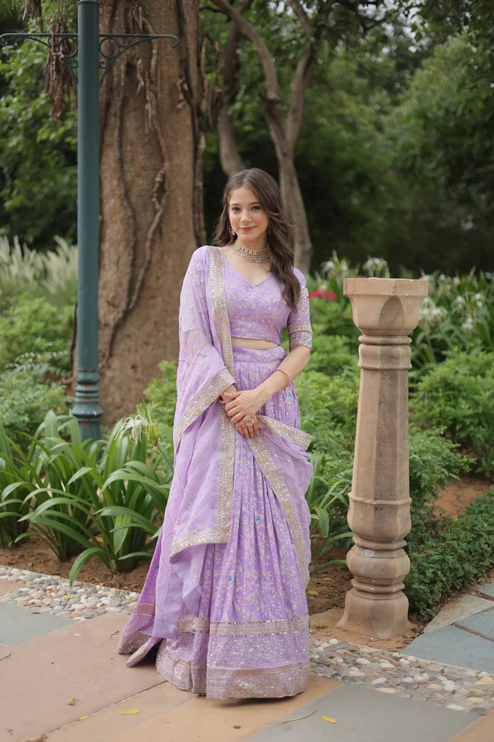 Fully Stitched Dyable Viscose Jacquard Lehenga with Gold Sequin Embroidery – Customizable Festive Wear