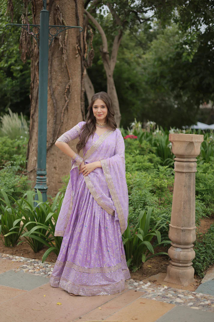 Fully Stitched Dyable Viscose Jacquard Lehenga with Gold Sequin Embroidery – Customizable Festive Wear