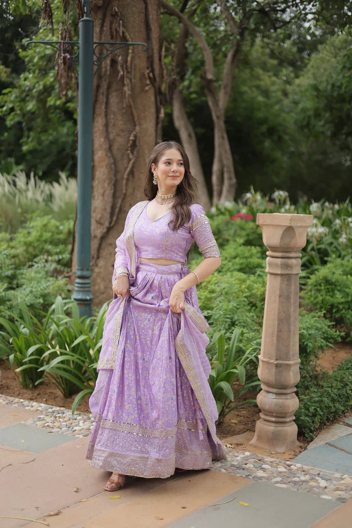 Fully Stitched Dyable Viscose Jacquard Lehenga with Gold Sequin Embroidery – Customizable Festive Wear