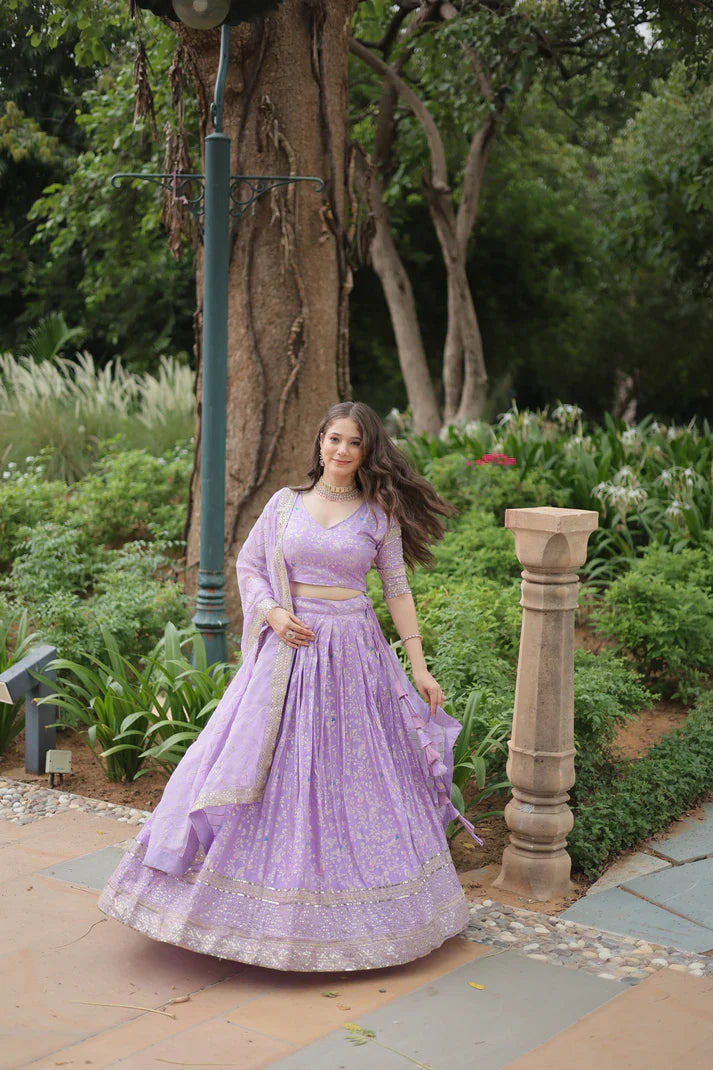 Fully Stitched Dyable Viscose Jacquard Lehenga with Gold Sequin Embroidery – Customizable Festive Wear