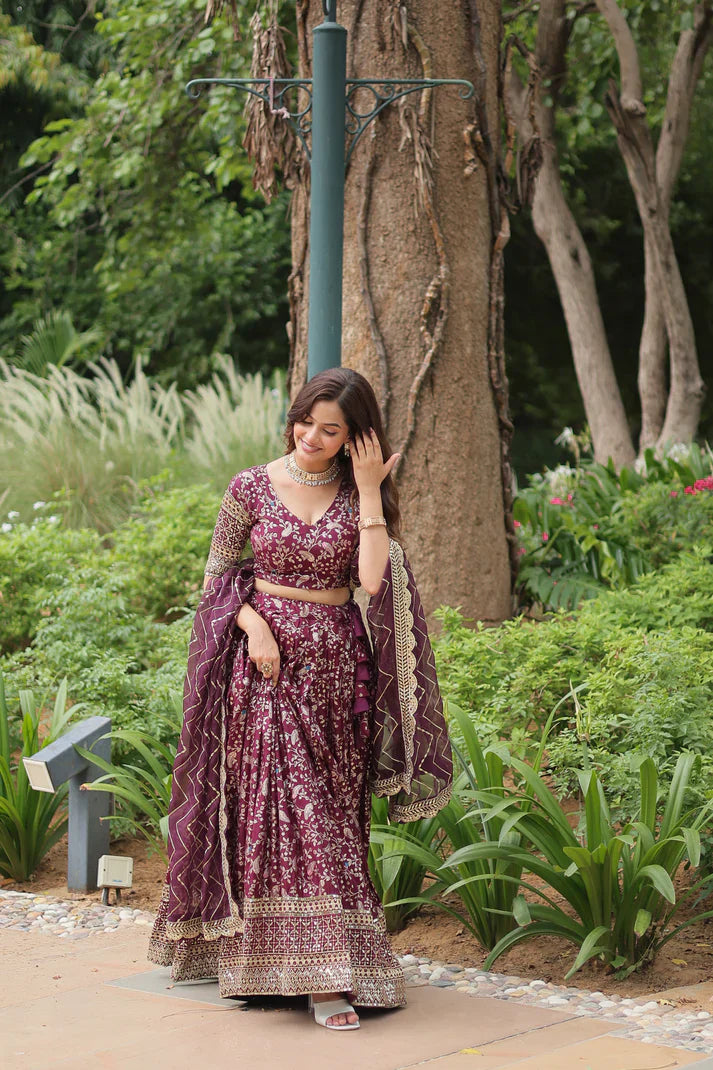 Full-Stitched Dyable Viscose Jacquard Lehenga with Golden Sequins Embroidery