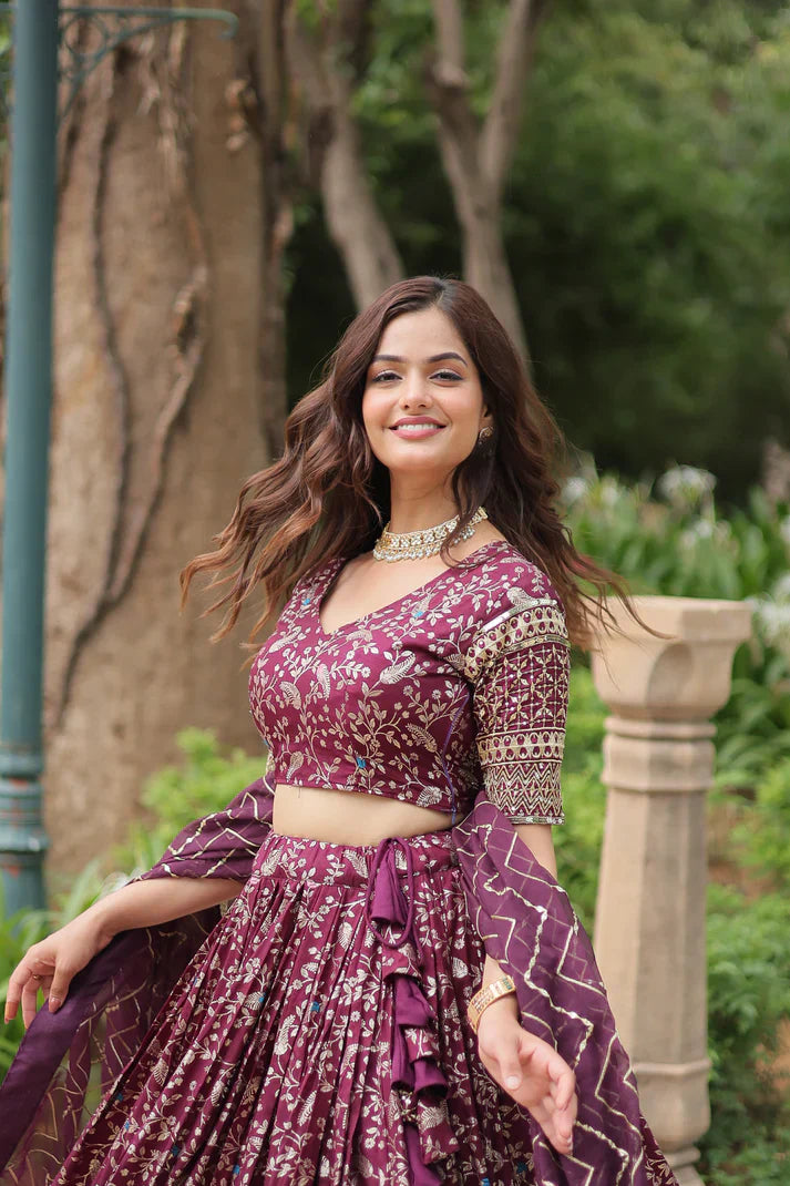 Full-Stitched Dyable Viscose Jacquard Lehenga with Golden Sequins Embroidery