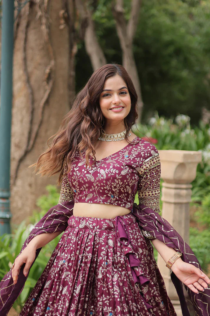 Full-Stitched Dyable Viscose Jacquard Lehenga with Golden Sequins Embroidery
