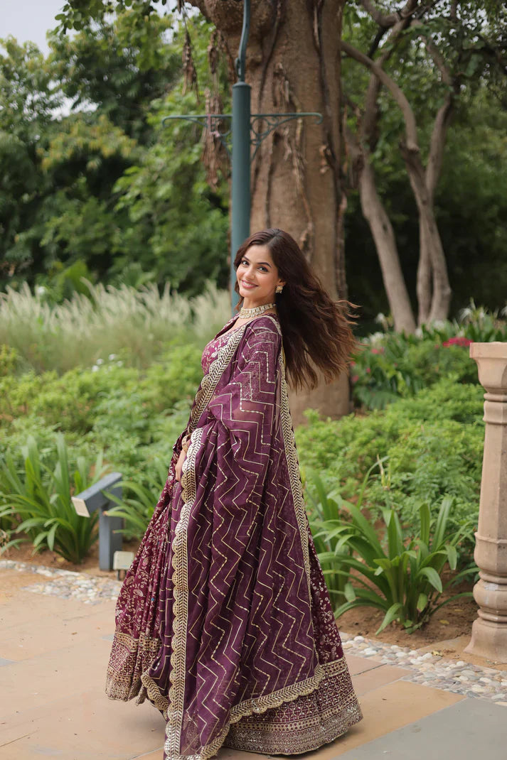 Full-Stitched Dyable Viscose Jacquard Lehenga with Golden Sequins Embroidery