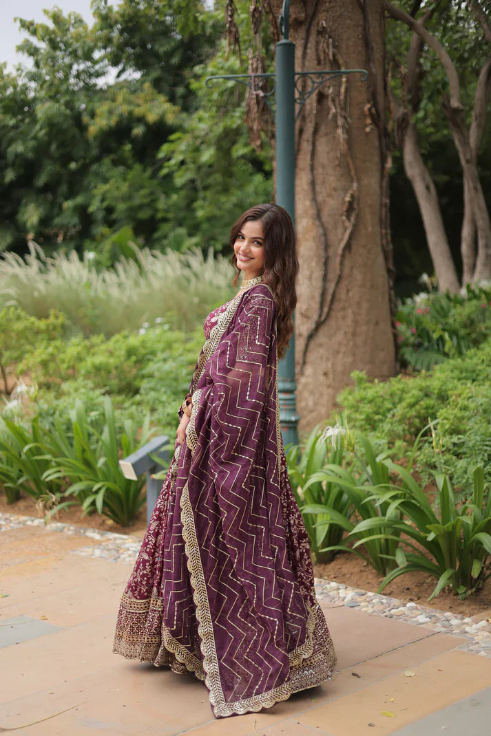 Full-Stitched Dyable Viscose Jacquard Lehenga with Golden Sequins Embroidery