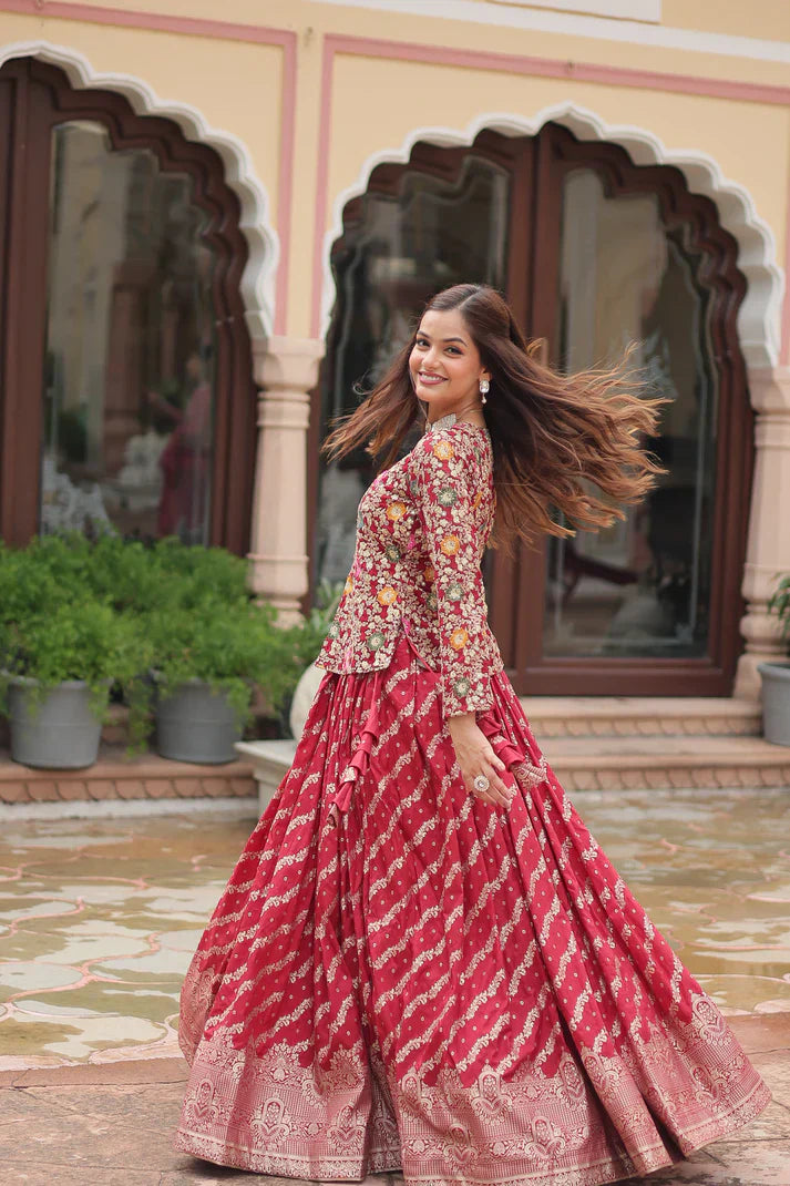 Elegant Full-Stitched Lehenga in Pure Double Viscose Jacquard with Faux Georgette Embroidered Top