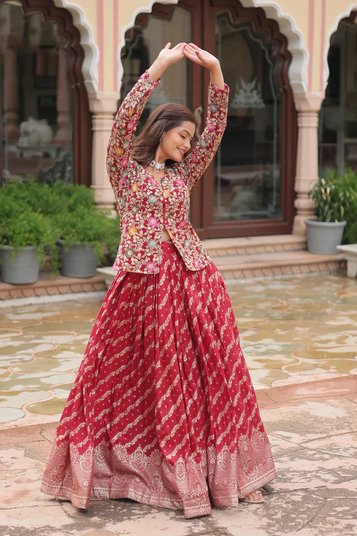 Elegant Full-Stitched Lehenga in Pure Double Viscose Jacquard with Faux Georgette Embroidered Top