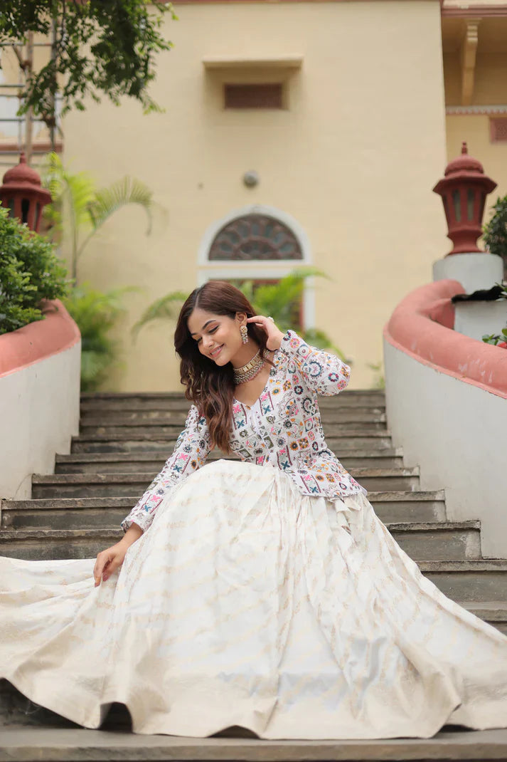 Elegant Pure Dayble Viscose Jacquard Lehenga with Faux Georgette Embroidered Top