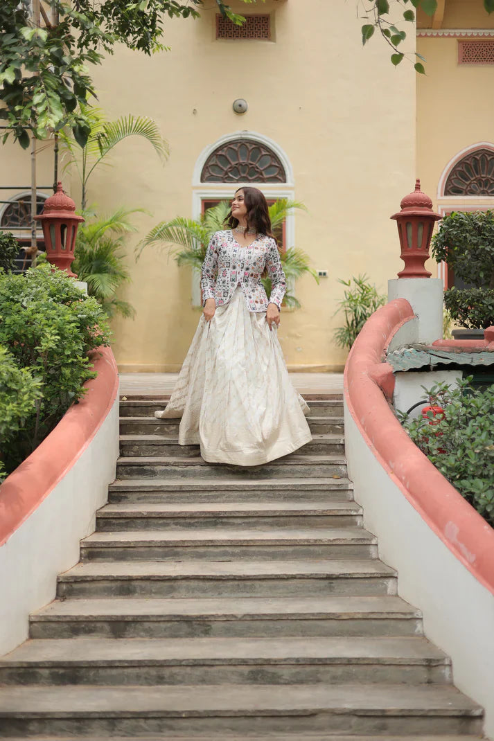 Elegant Pure Dayble Viscose Jacquard Lehenga with Faux Georgette Embroidered Top