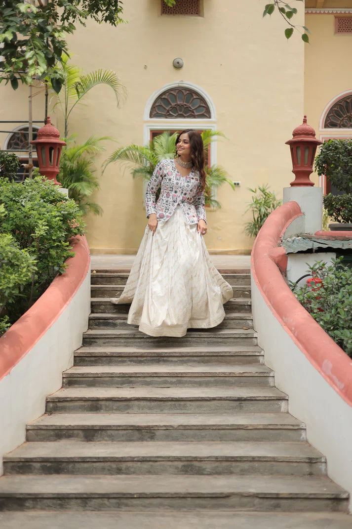 Elegant Pure Dayble Viscose Jacquard Lehenga with Faux Georgette Embroidered Top