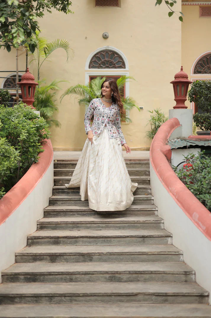 Elegant Pure Dayble Viscose Jacquard Lehenga with Faux Georgette Embroidered Top