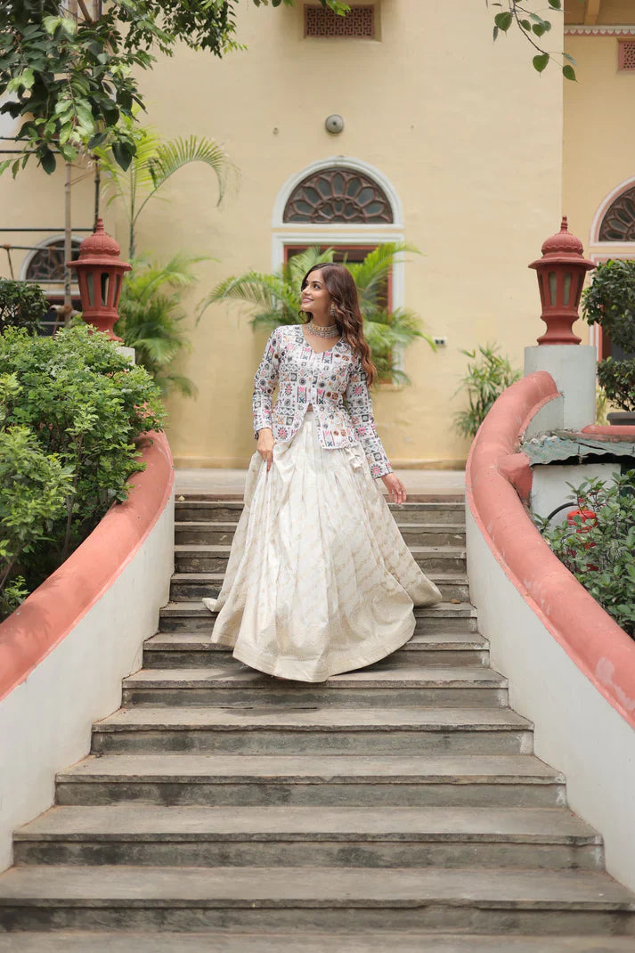 Elegant Pure Dayble Viscose Jacquard Lehenga with Faux Georgette Embroidered Top