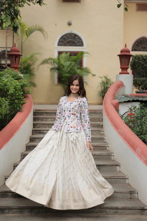 Elegant Pure Dayble Viscose Jacquard Lehenga with Faux Georgette Embroidered Top