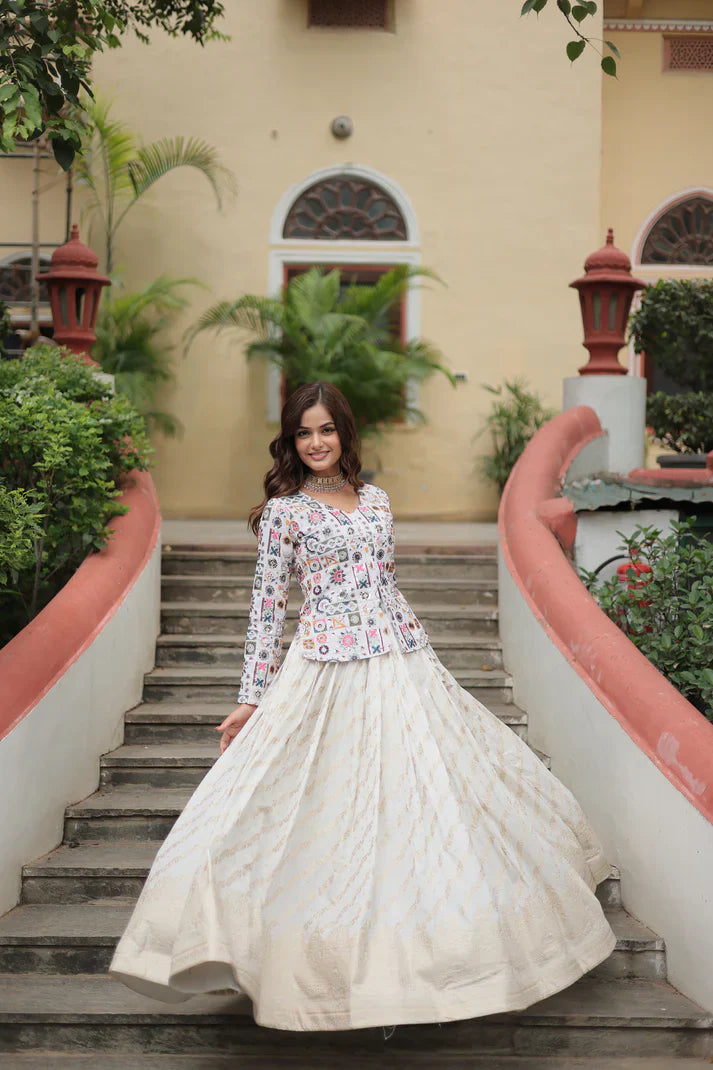Elegant Pure Dayble Viscose Jacquard Lehenga with Faux Georgette Embroidered Top