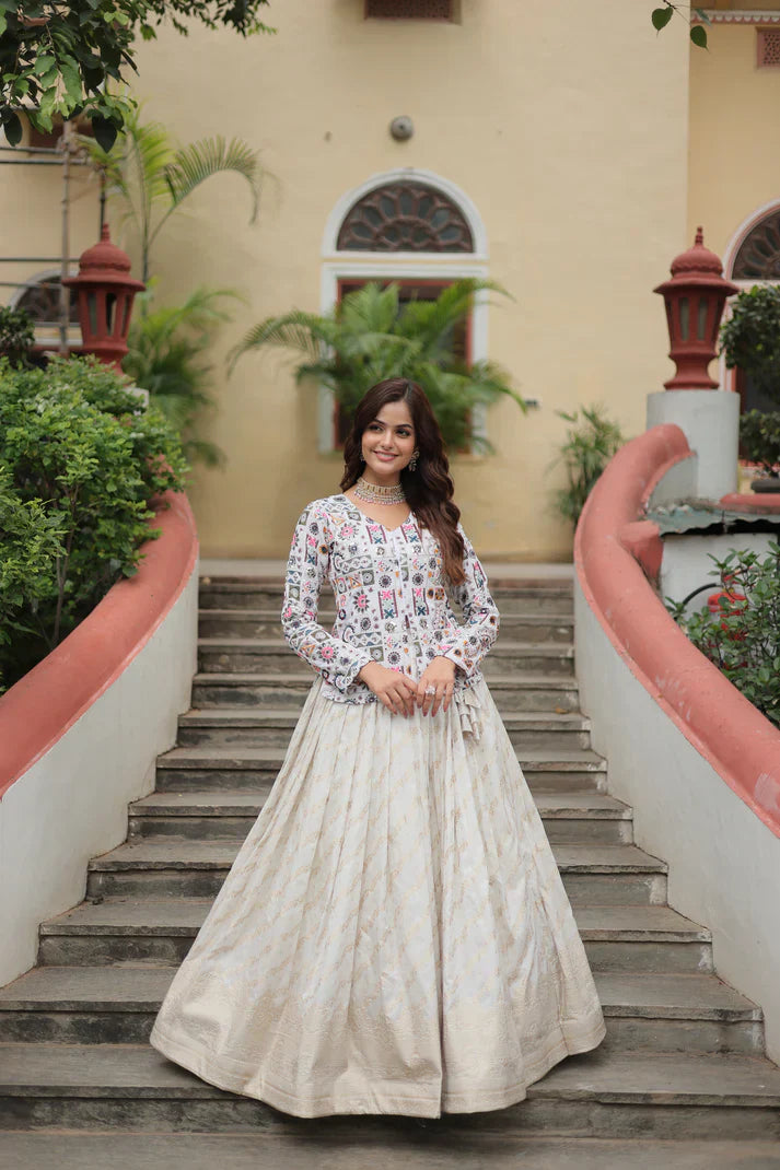 Elegant Pure Dayble Viscose Jacquard Lehenga with Faux Georgette Embroidered Top