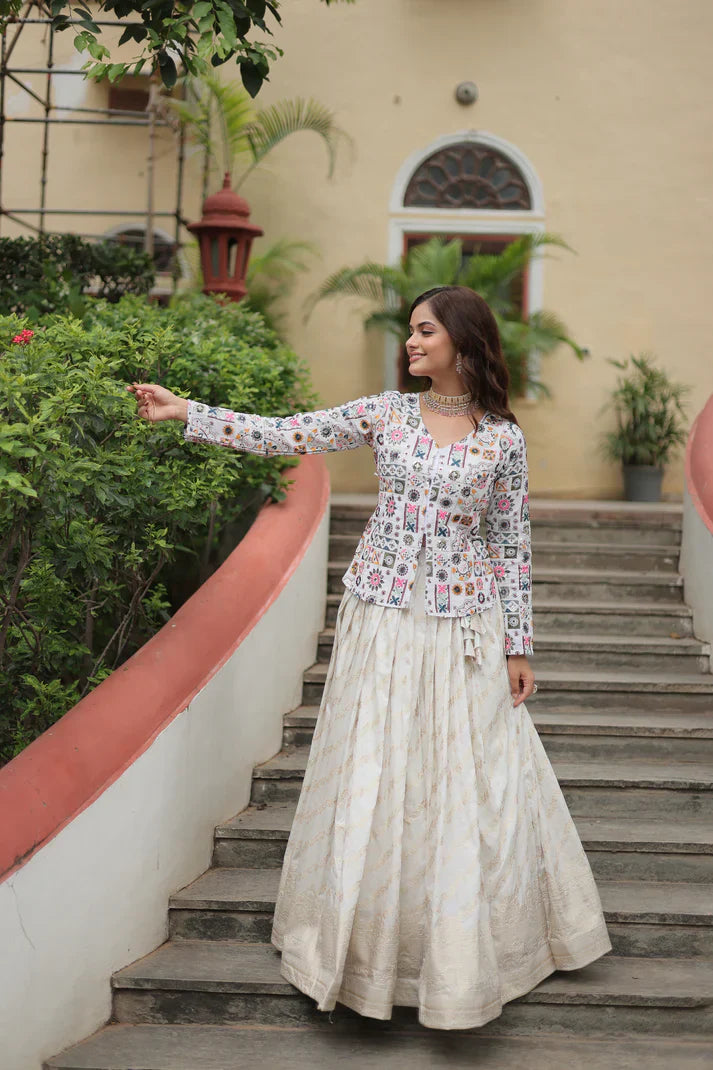 Elegant Pure Dayble Viscose Jacquard Lehenga with Faux Georgette Embroidered Top