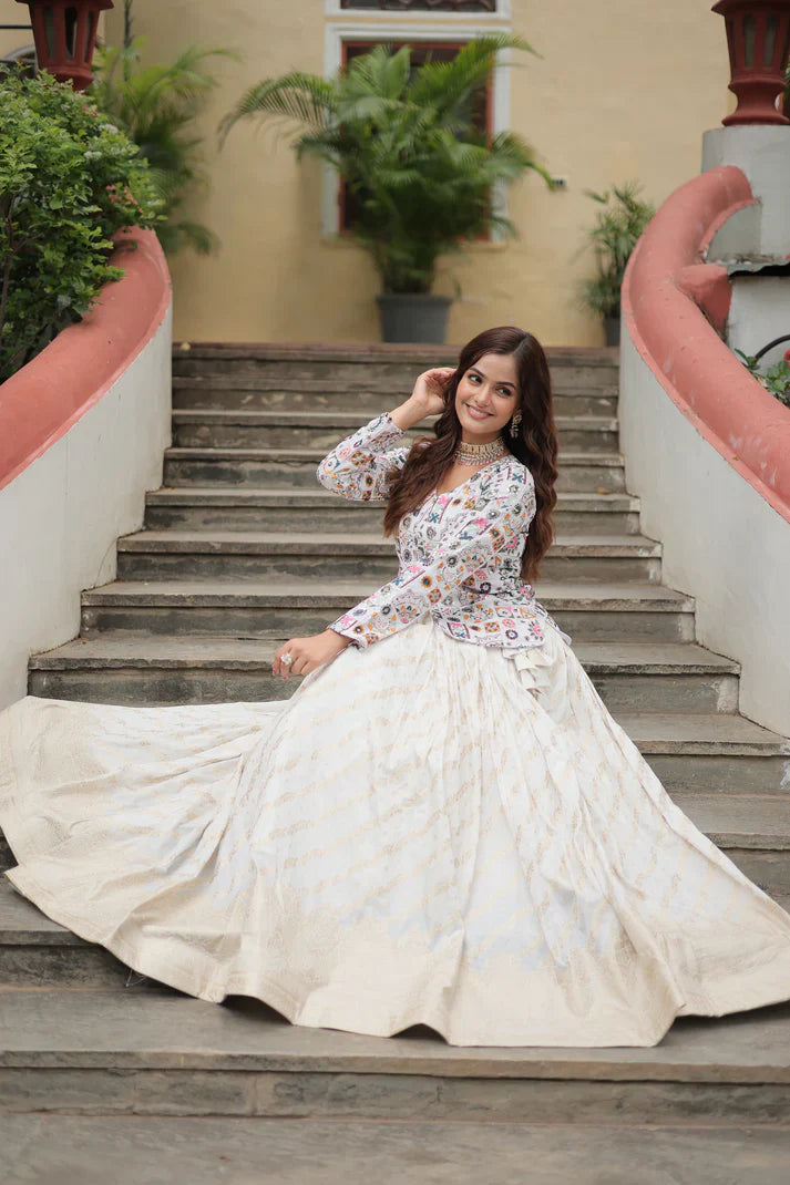 Elegant Pure Dayble Viscose Jacquard Lehenga with Faux Georgette Embroidered Top