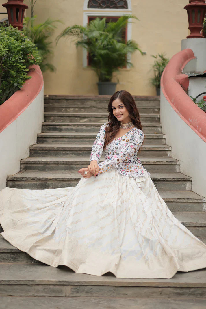 Elegant Pure Dayble Viscose Jacquard Lehenga with Faux Georgette Embroidered Top