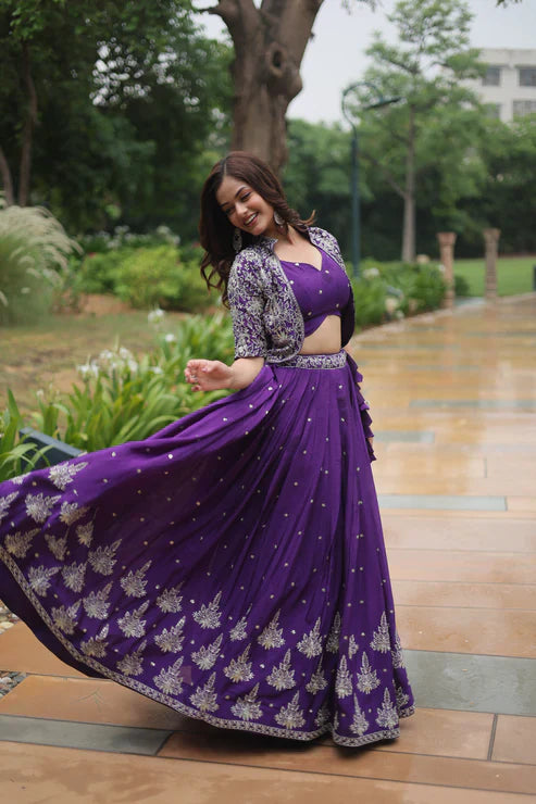 Full-Stitched Chinnon Lehenga Set with Rich Sequins Embroidery, Blouse & Koti